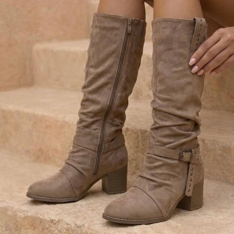 Square-Heeled Leather Knee-High Boots