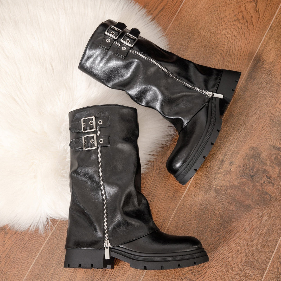 Mid-Calf Boots Featuring Mechanism and Triple Buckle Design
