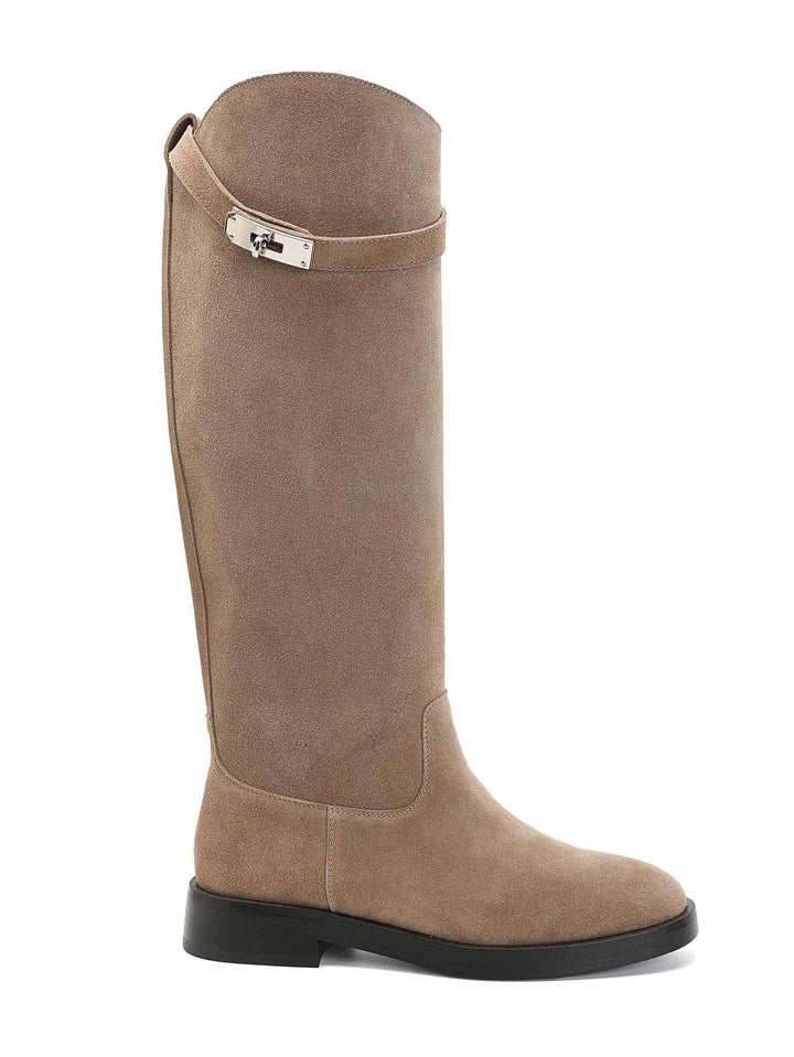 Flesh-Toned High Boots with Decorative Buckle