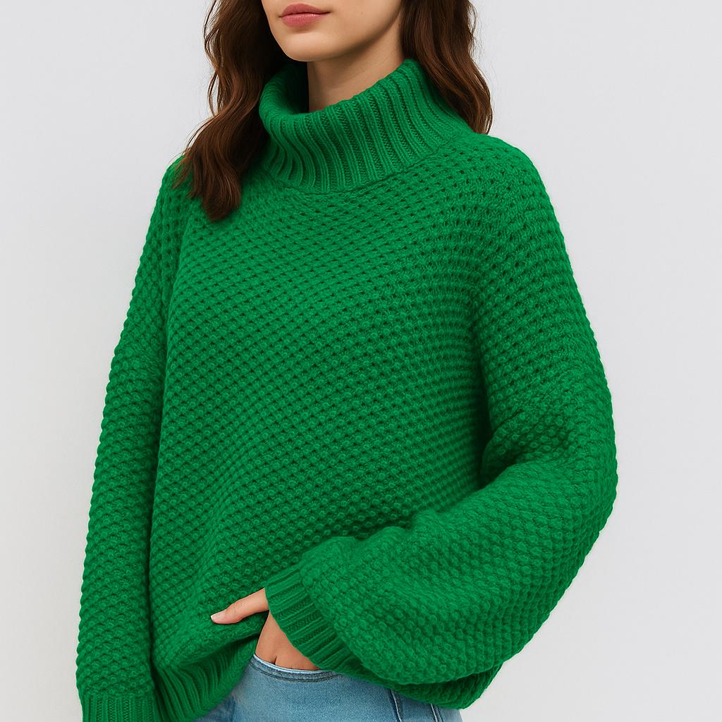 Roll Neck Structured Knit Sweater in Wool-Viscose Blend