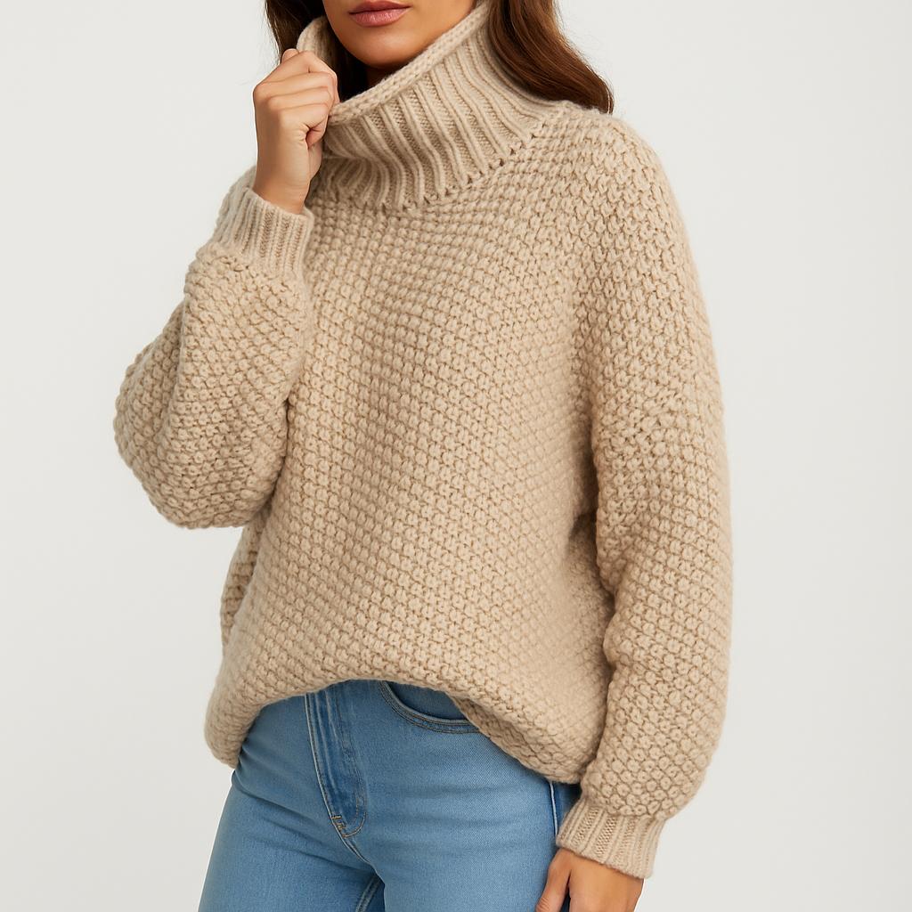 Roll Neck Structured Knit Sweater in Wool-Viscose Blend
