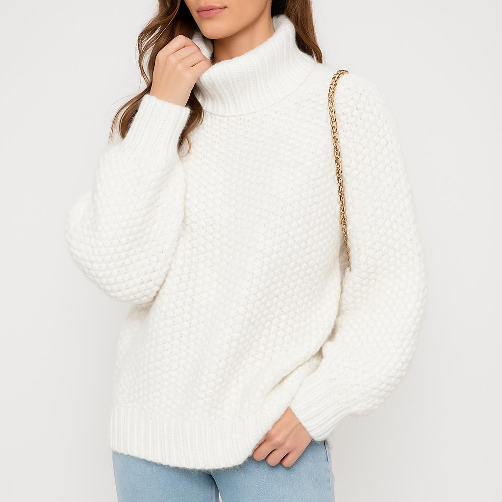 Roll Neck Structured Knit Sweater in Wool-Viscose Blend