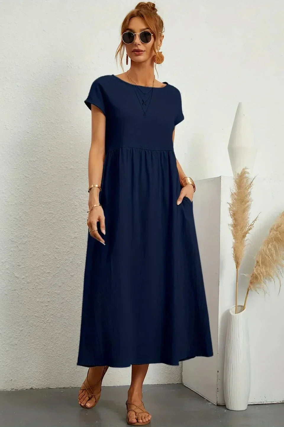 Renáta | Relaxed Cotton Midi Dress Featuring Pockets