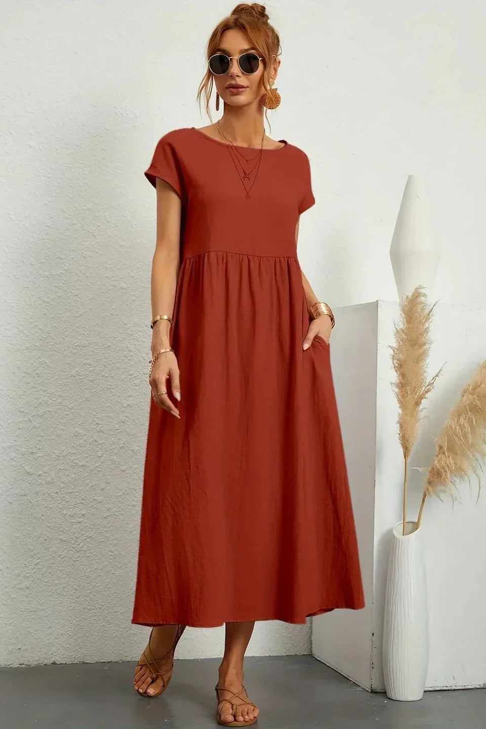 Renáta | Relaxed Cotton Midi Dress Featuring Pockets