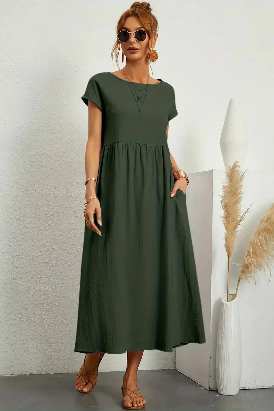 Renáta | Relaxed Cotton Midi Dress Featuring Pockets
