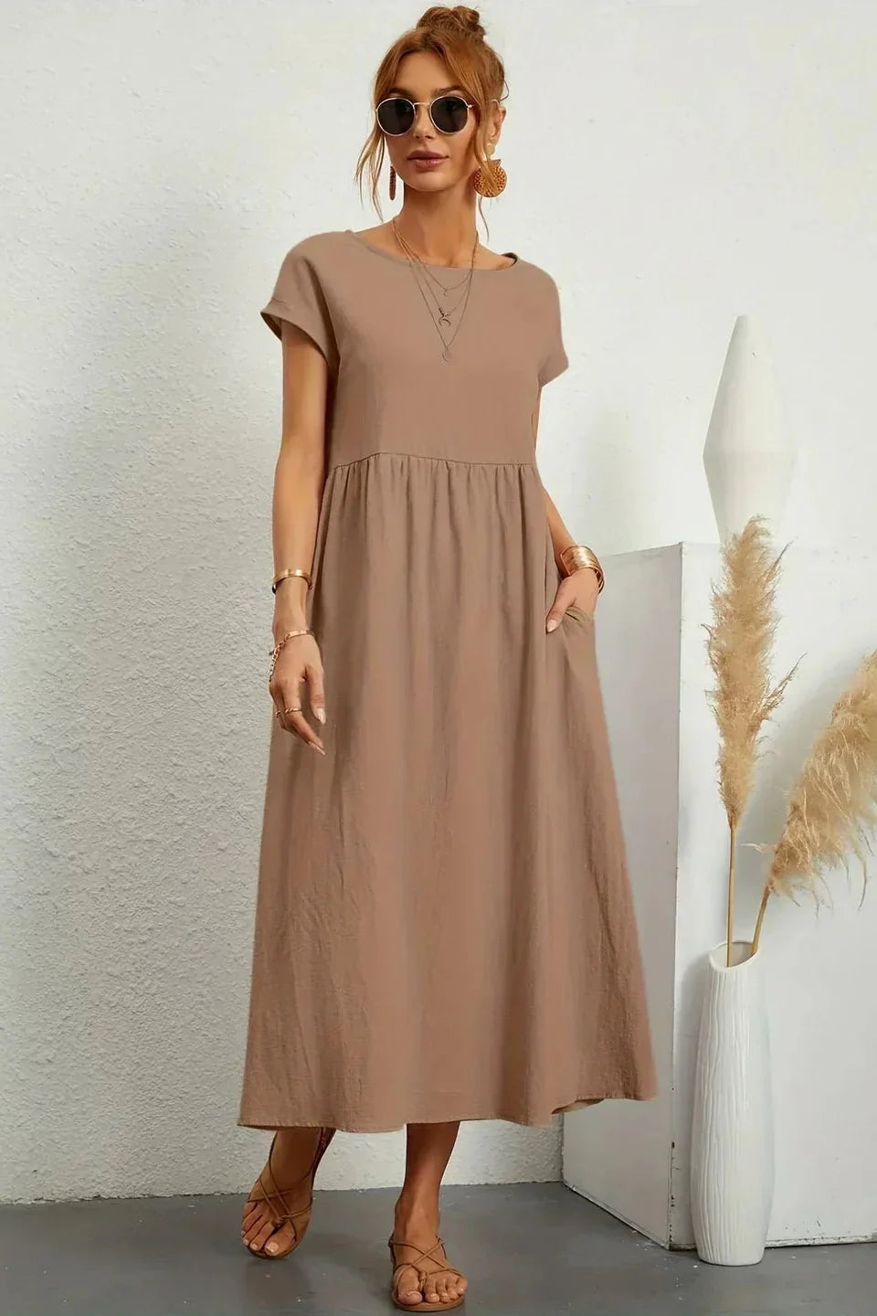 Renáta | Relaxed Cotton Midi Dress Featuring Pockets