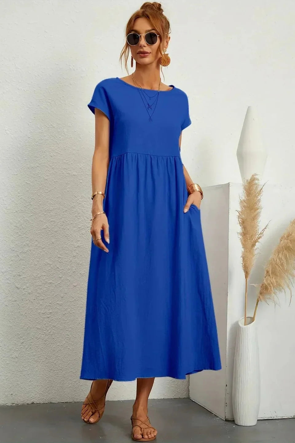 Renáta | Relaxed Cotton Midi Dress Featuring Pockets