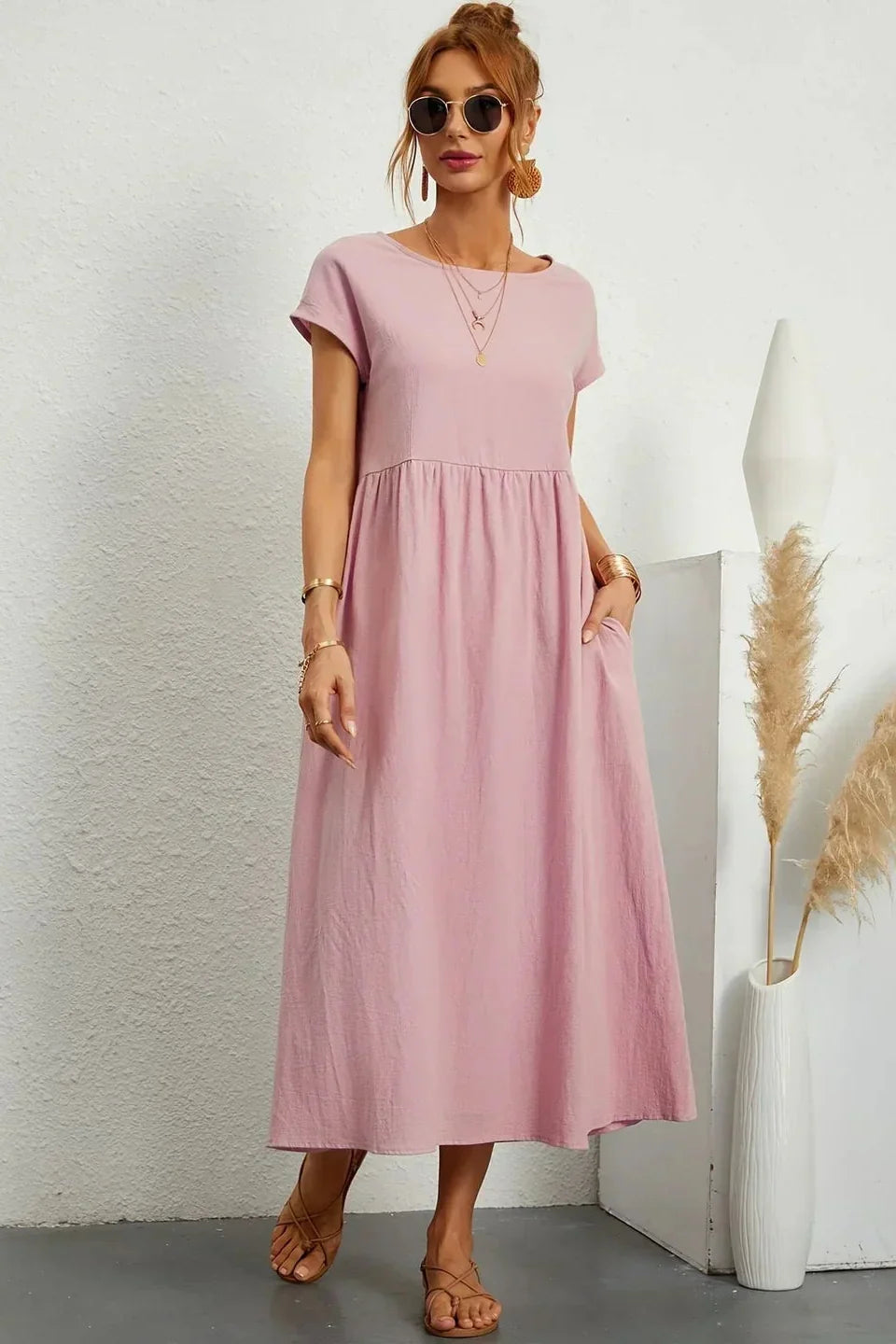 Renáta | Relaxed Cotton Midi Dress Featuring Pockets