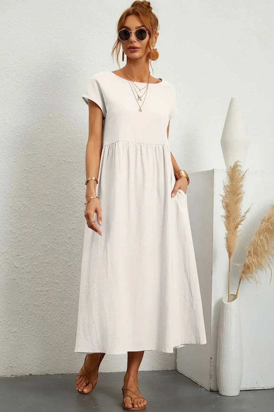 Renáta | Relaxed Cotton Midi Dress Featuring Pockets