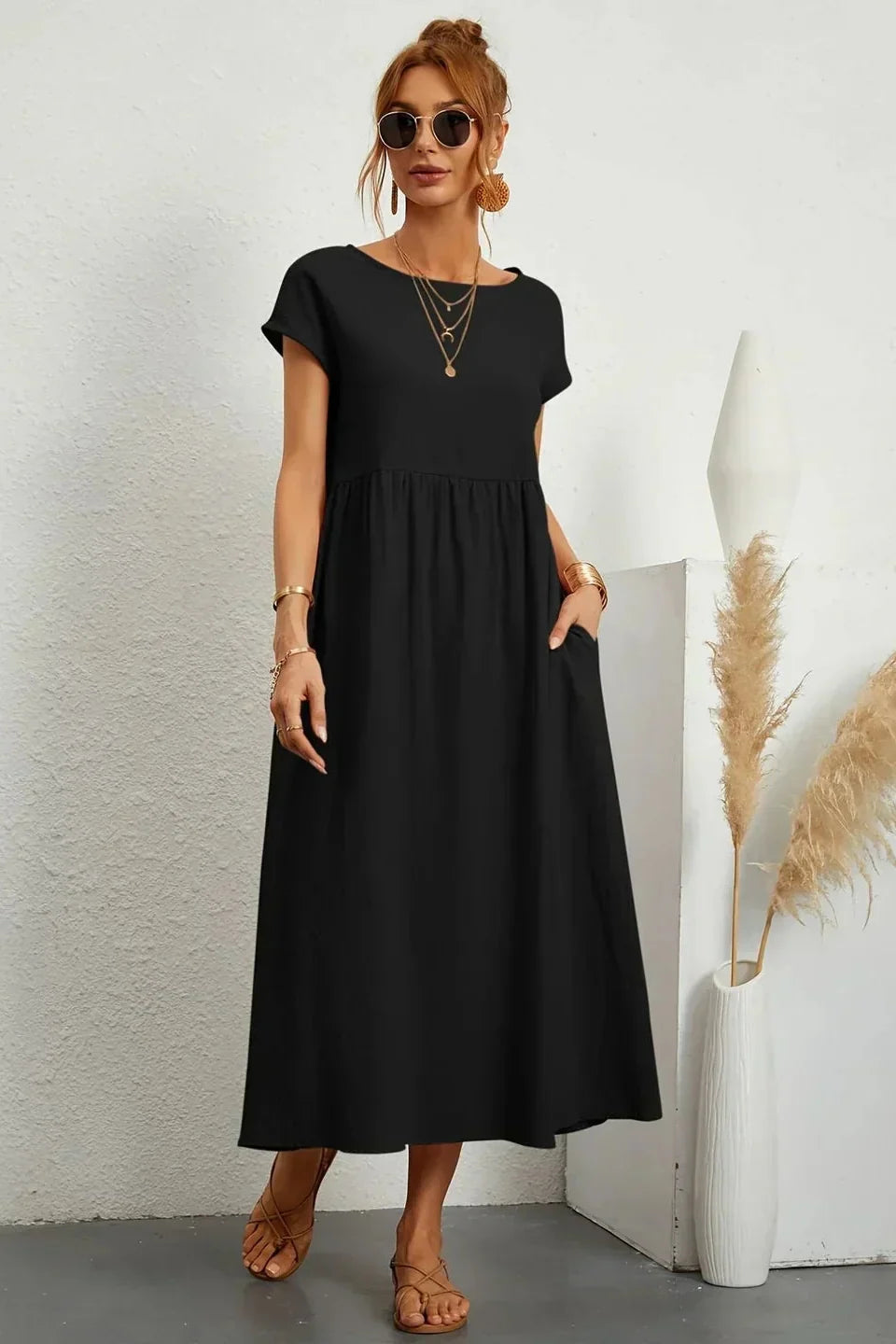 Renáta | Relaxed Cotton Midi Dress Featuring Pockets