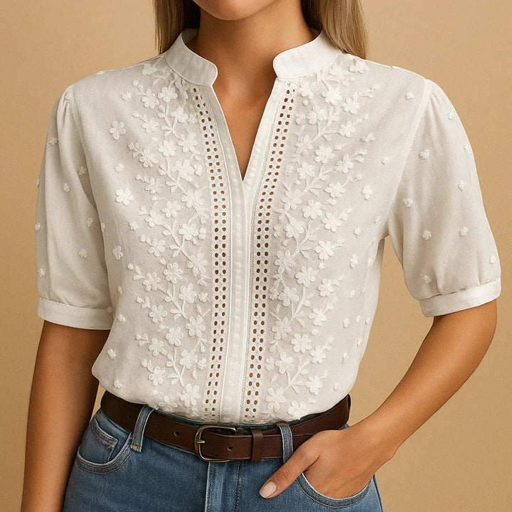 Cambria – Women's Blouse with Cut-Out Neckline and Embroidery