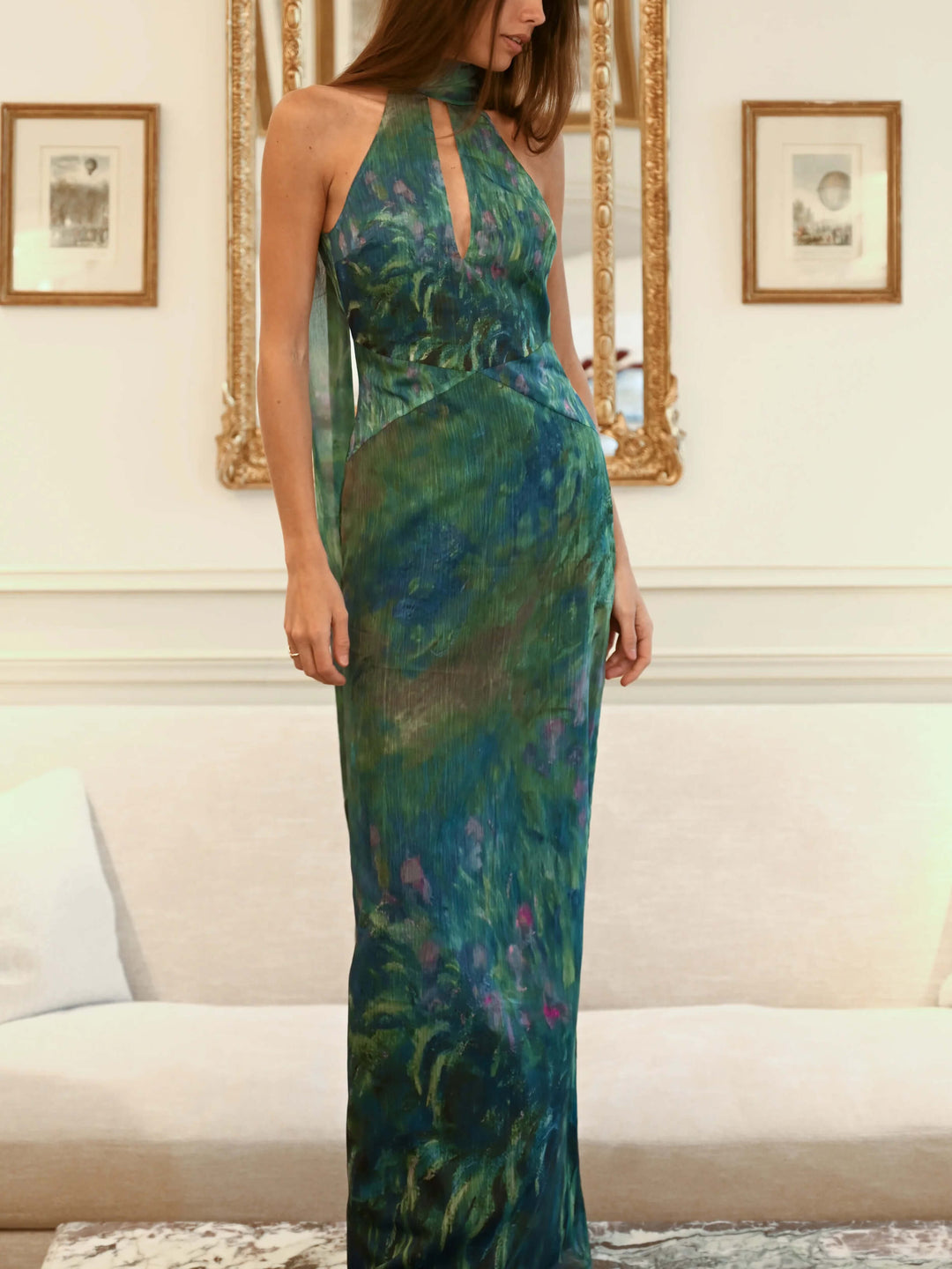 Maxi Celebration Dress with Artistic Floral Design