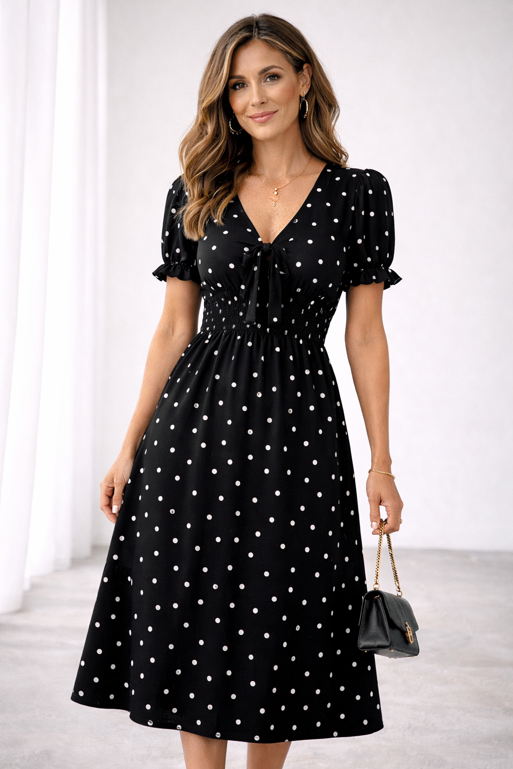 Leticia | Polka Dot Midi Dress with Ruffled Details