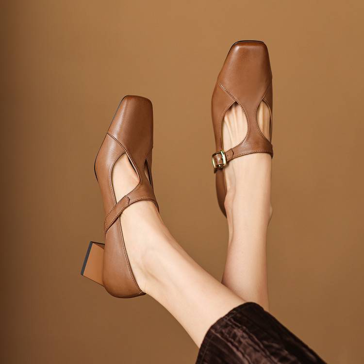 Veyla Square-Toe Genuine Leather Heels