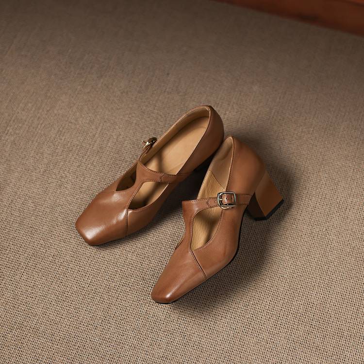 Veyla Square-Toe Genuine Leather Heels