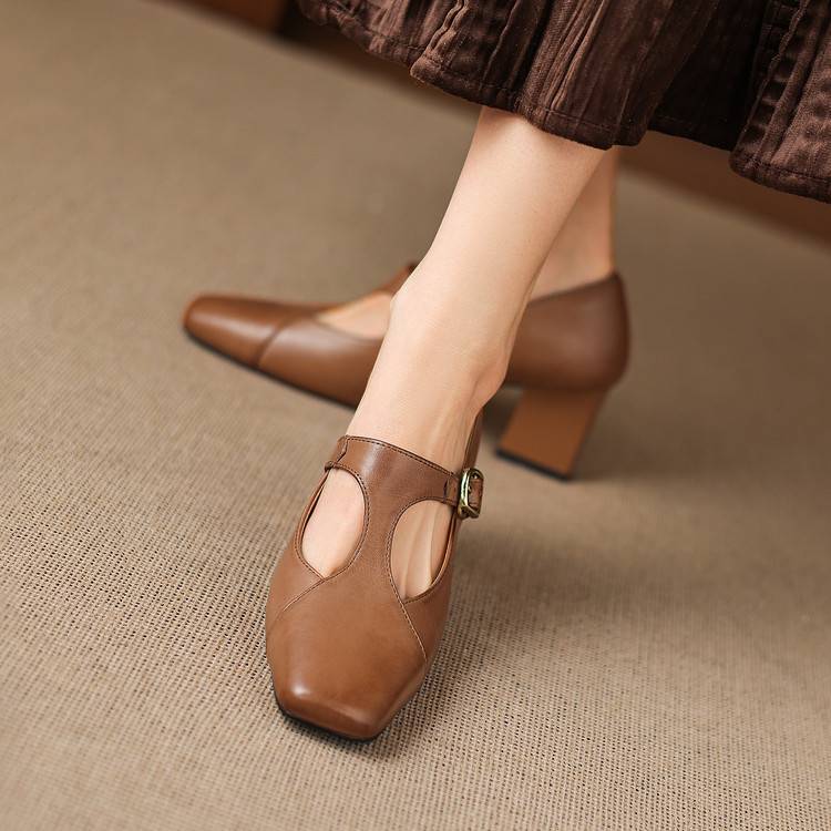 Authentic Leather Sandals with Square Toe