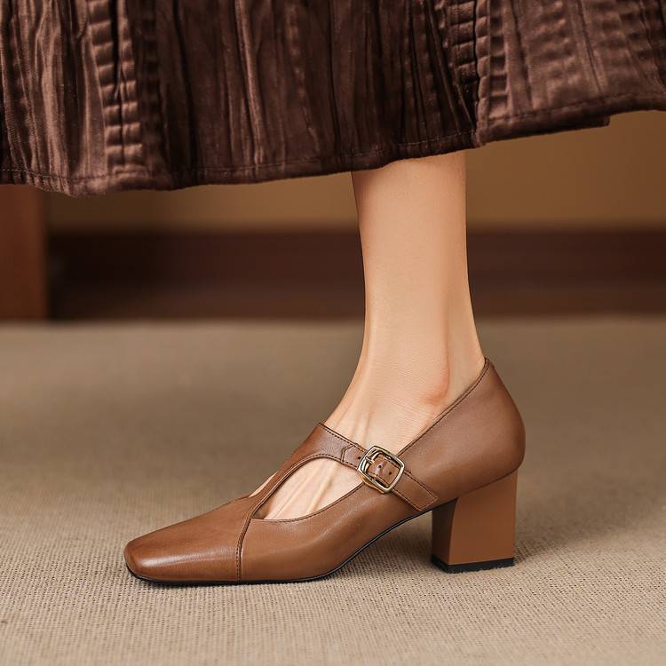 Authentic Leather Sandals with Square Toe