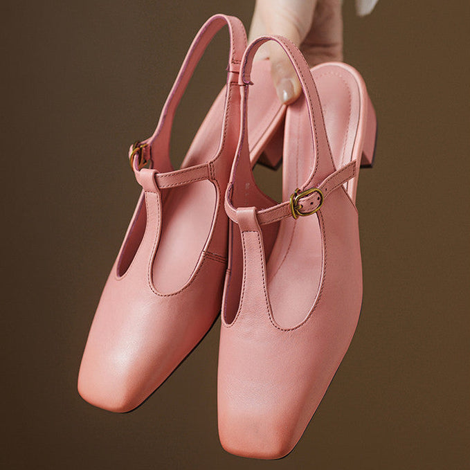Reve Genuine Leather T-Strap Heels