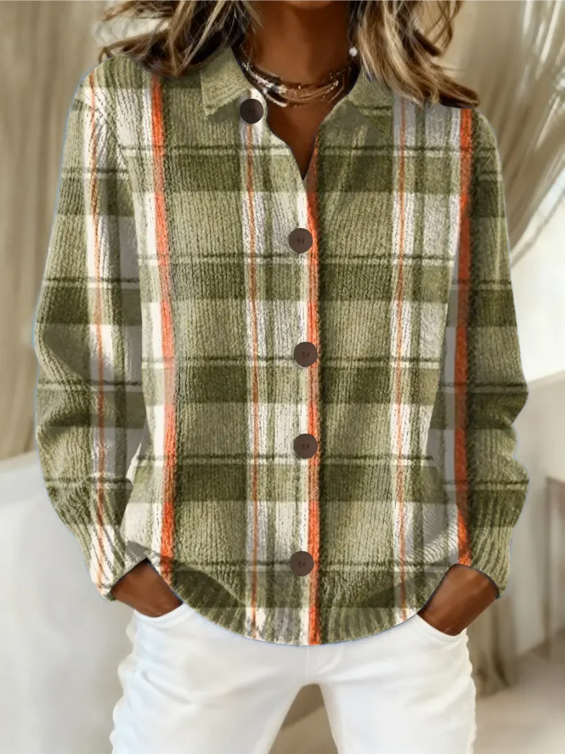 Hazel | Knitted Jacket in Olive Green Check with Buttons