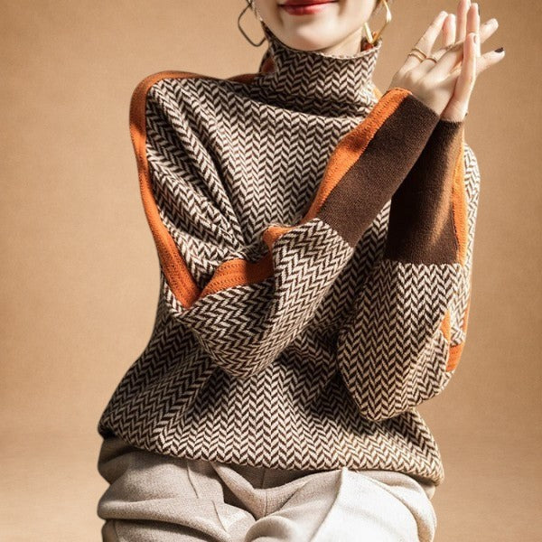 Aristoniki - Sweater with High Neck and Elegant Stripe Contrasts