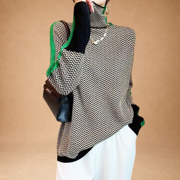 Aristoniki - Sweater with High Neck and Elegant Stripe Contrasts