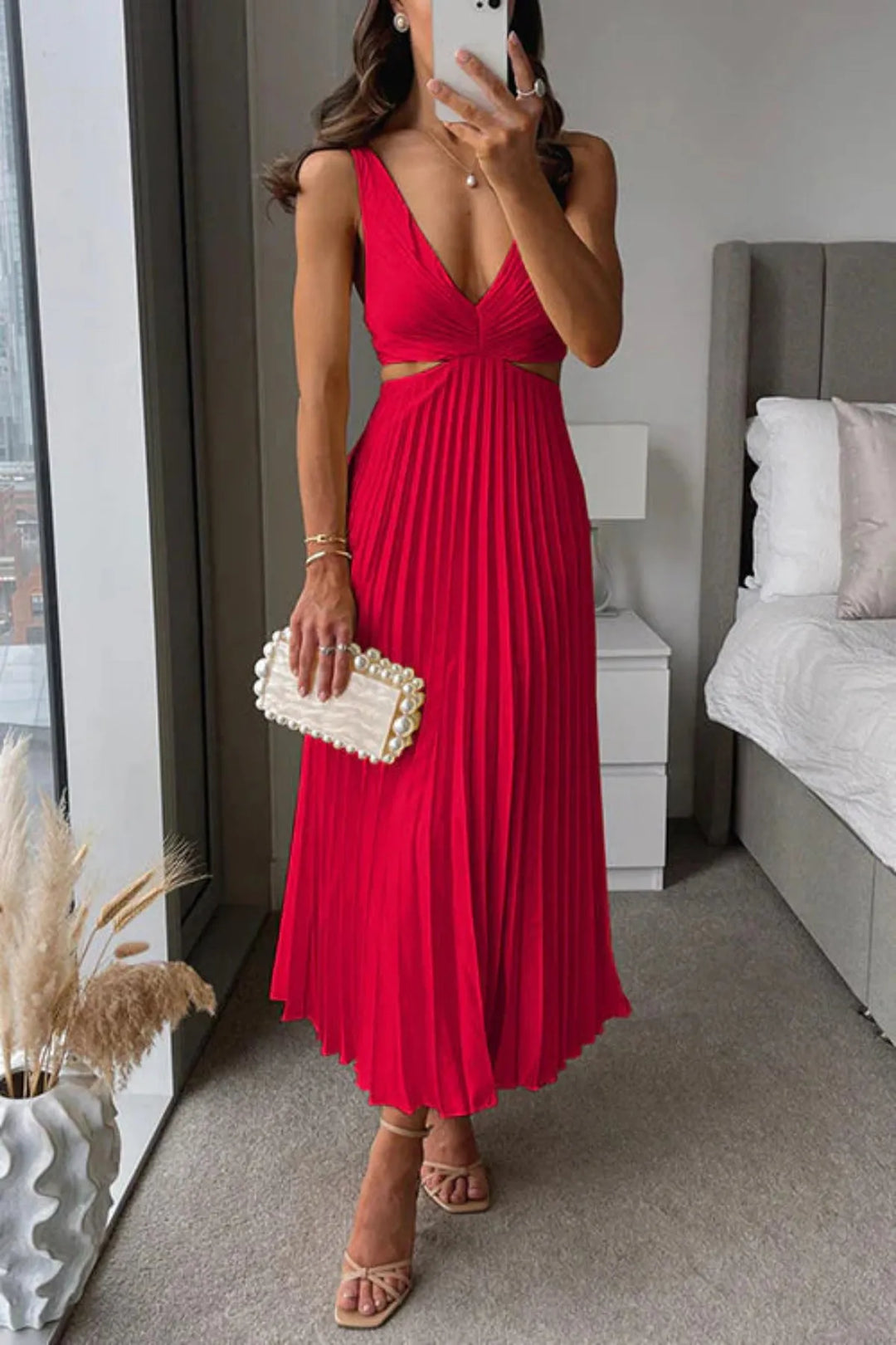 Pleated Midi Dress with Clearly Defined Waist