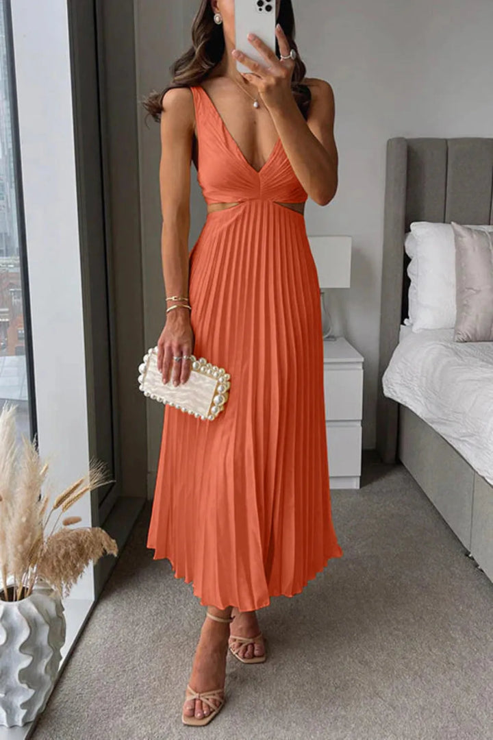 Pleated Midi Dress with Clearly Defined Waist