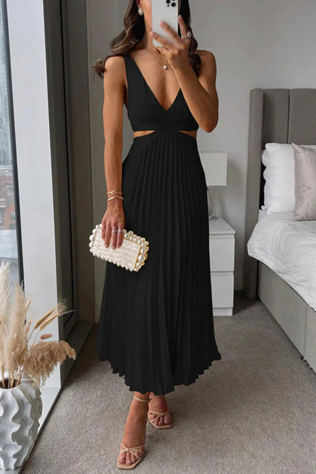 Pleated Midi Dress with Clearly Defined Waist