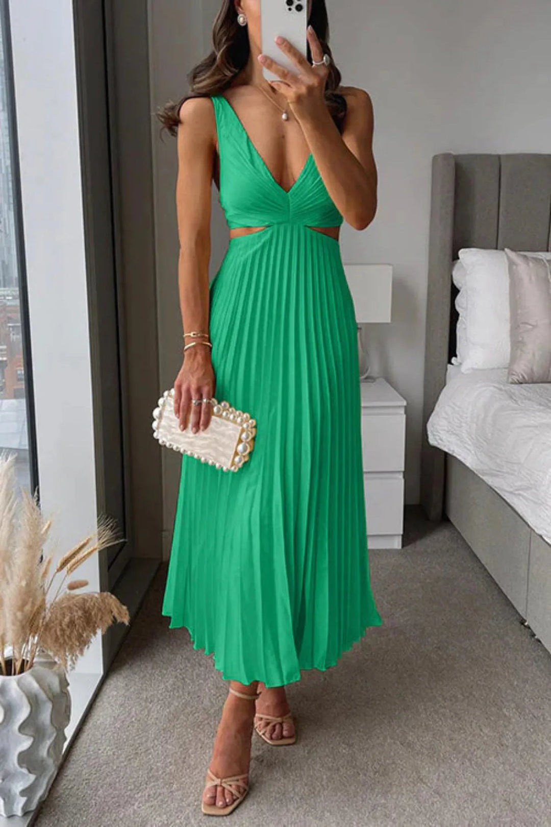 Pleated Midi Dress with Clearly Defined Waist