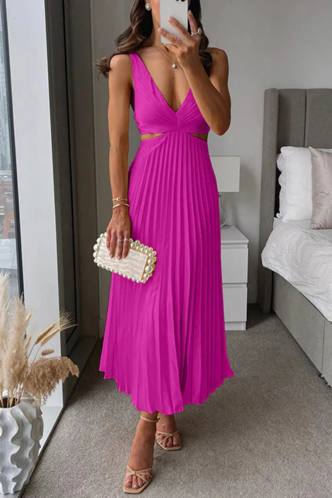 Pleated Midi Dress with Clearly Defined Waist