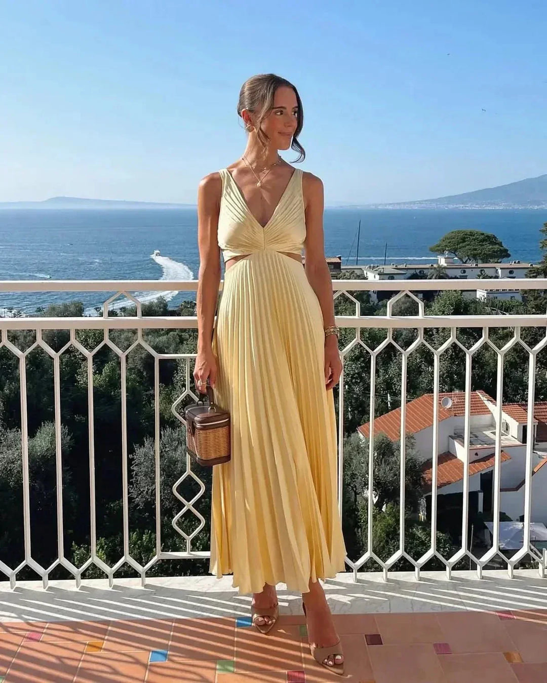 Pleated Midi Dress with Clearly Defined Waist