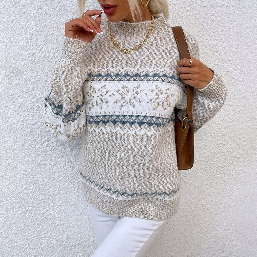 Pastel Toned High-Collar Knitted Sweater with Snowflake Design