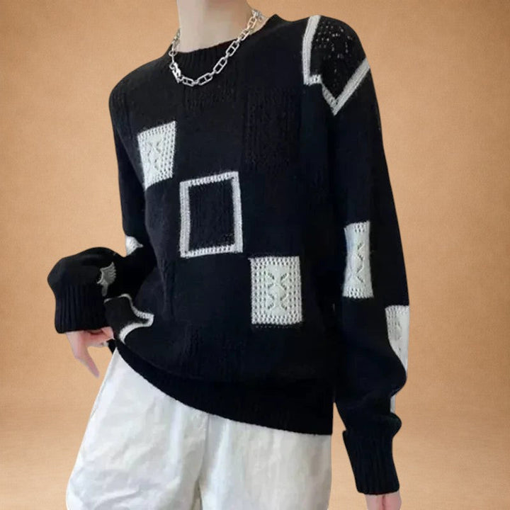 Katerina - Knitted Sweater with Check Pattern and Open Weave