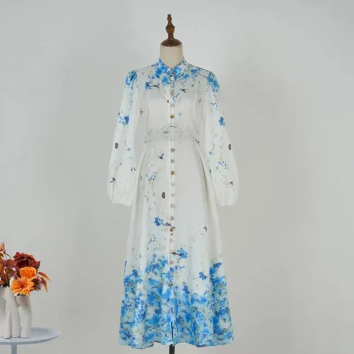 Amelia – Classic Floral Blue High Neck Elegance