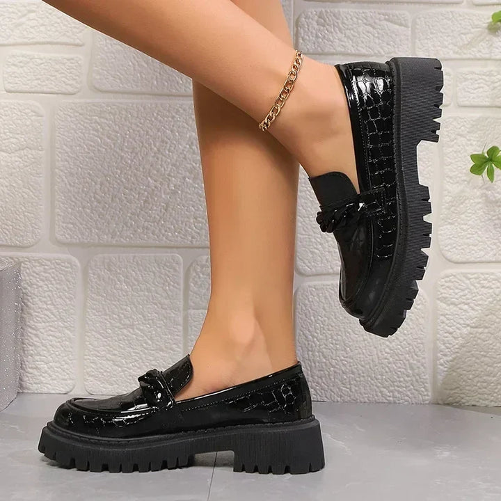 Crocodile-Patterned Black Patent Leather Moccasins