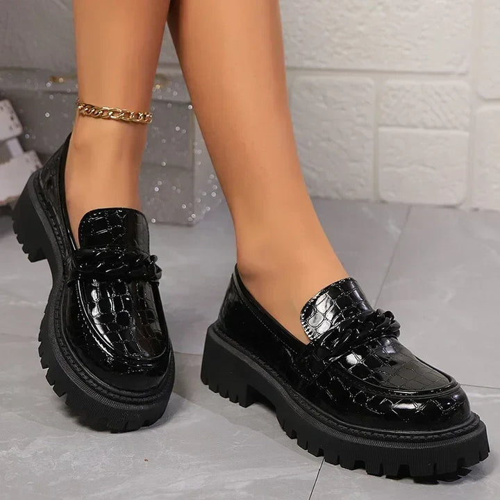 Crocodile-Patterned Black Patent Leather Moccasins