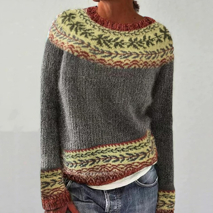 Nordic Pattern Knitted Sweater in Grey, Rust, and Moss Hues