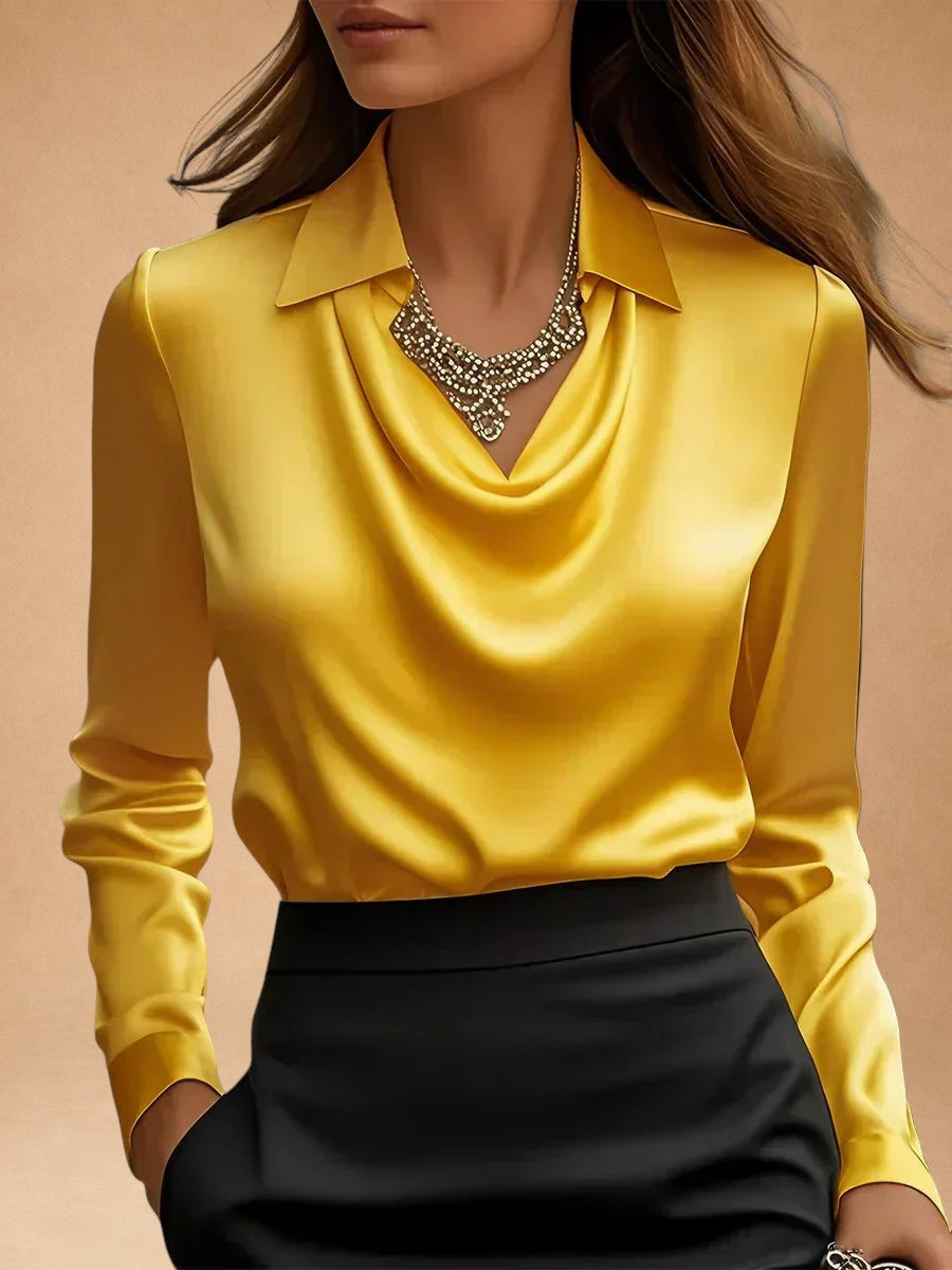 Elegant White Satin Blouse with Draped Neckline