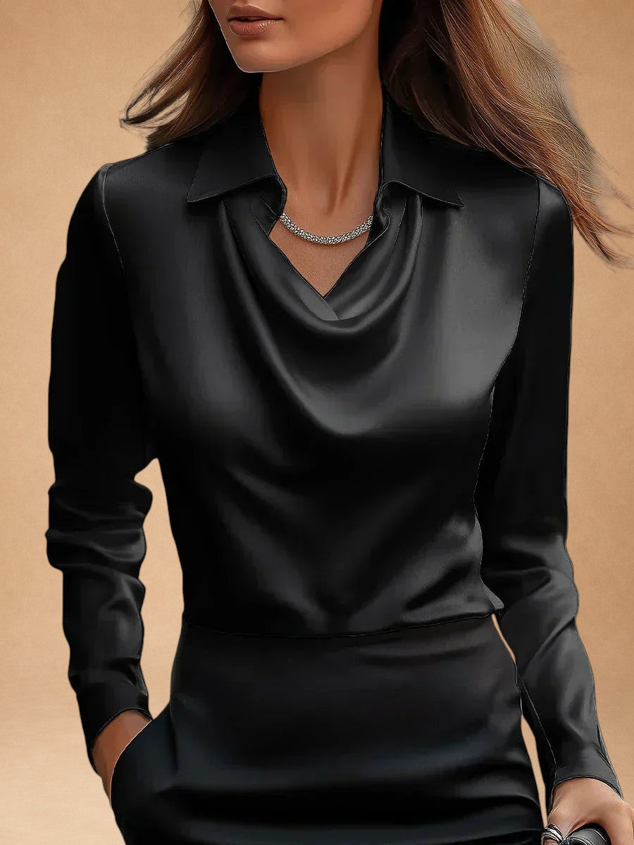Elegant White Satin Blouse with Draped Neckline