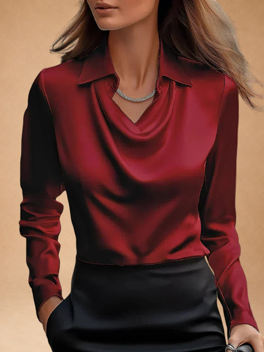 Elegant White Satin Blouse with Draped Neckline
