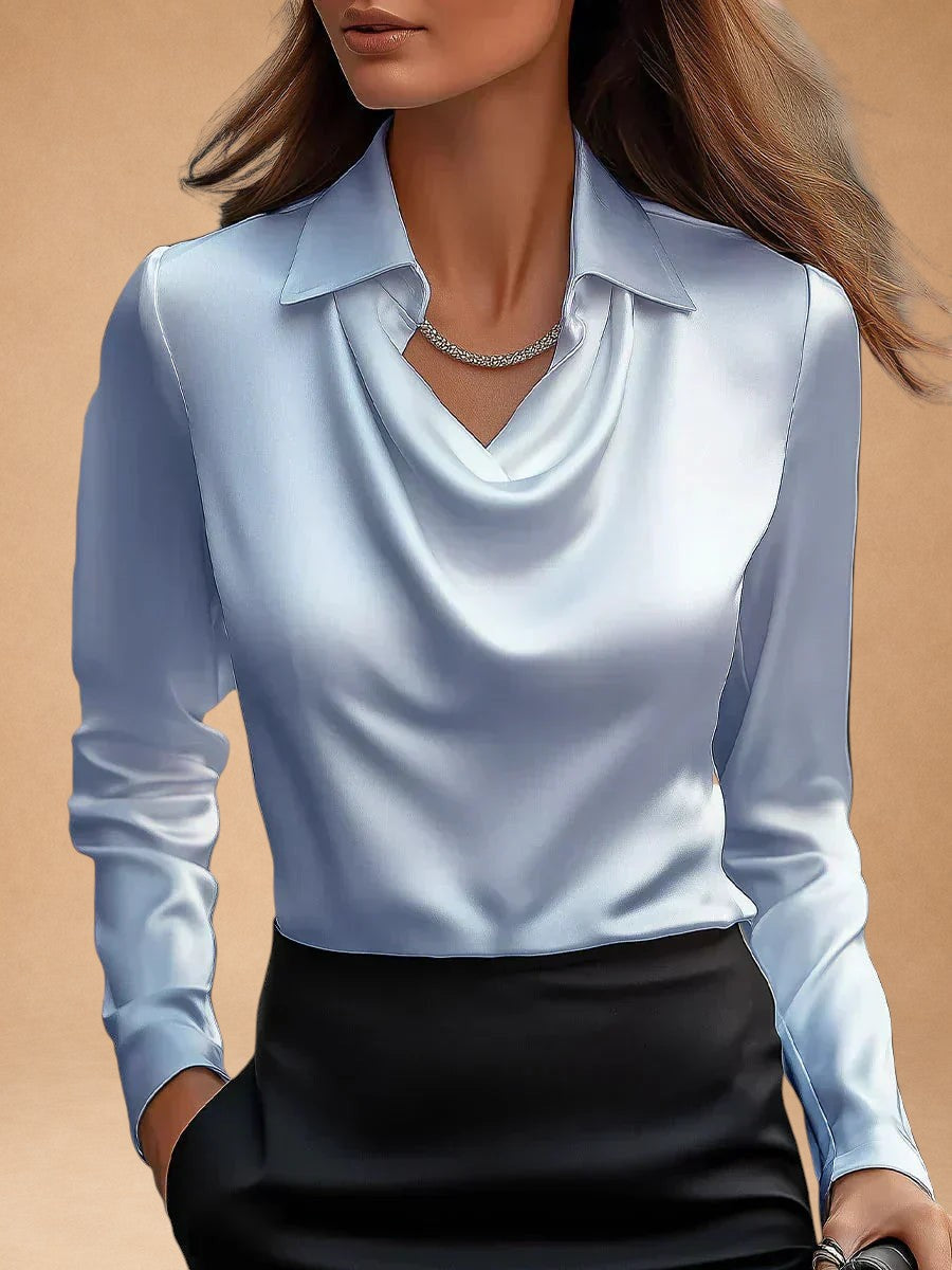 Elegant White Satin Blouse with Draped Neckline