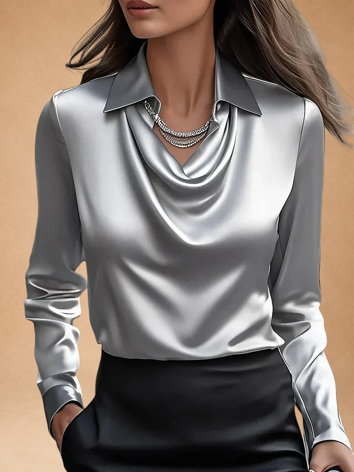 Elegant White Satin Blouse with Draped Neckline