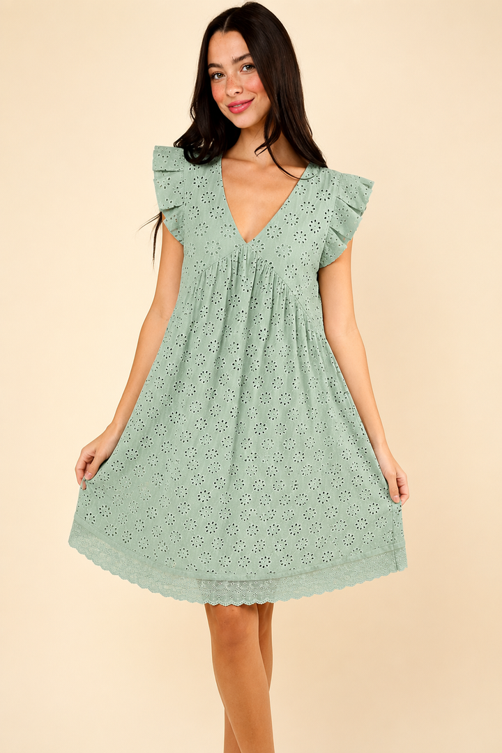 Lucia | Perforated Mini Dress with Ruffled Sleeves