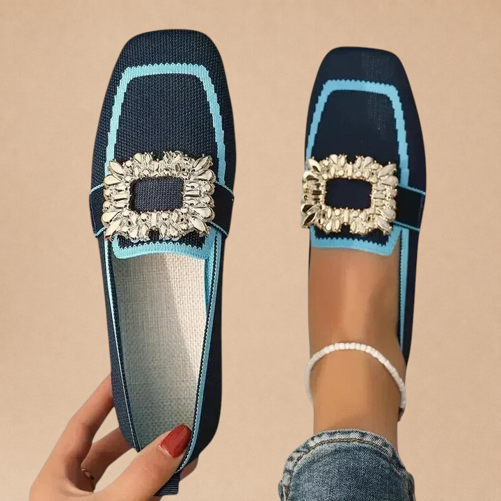 Sapatos ortopédicos MARA CORK azul-marinho com biqueira quadrada, detalhe de fivela decorativa brilhante e acabamento