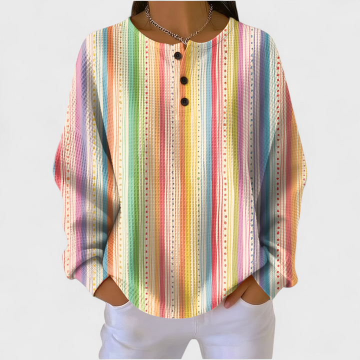 Laoise - Striped Jumper with Colourful Design and Button Detail