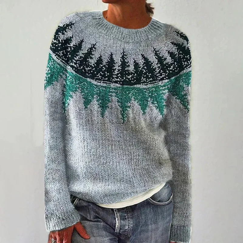 Grey Knit Sweater Featuring Green Forest Design