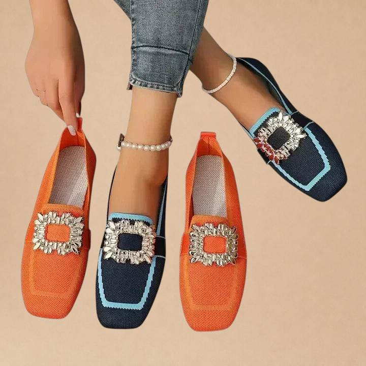 Sapatilhas ortopédicas MARA CORK Maylora em laranja e azul marinho com fivela decorativa brilhante e biqueira quadrada