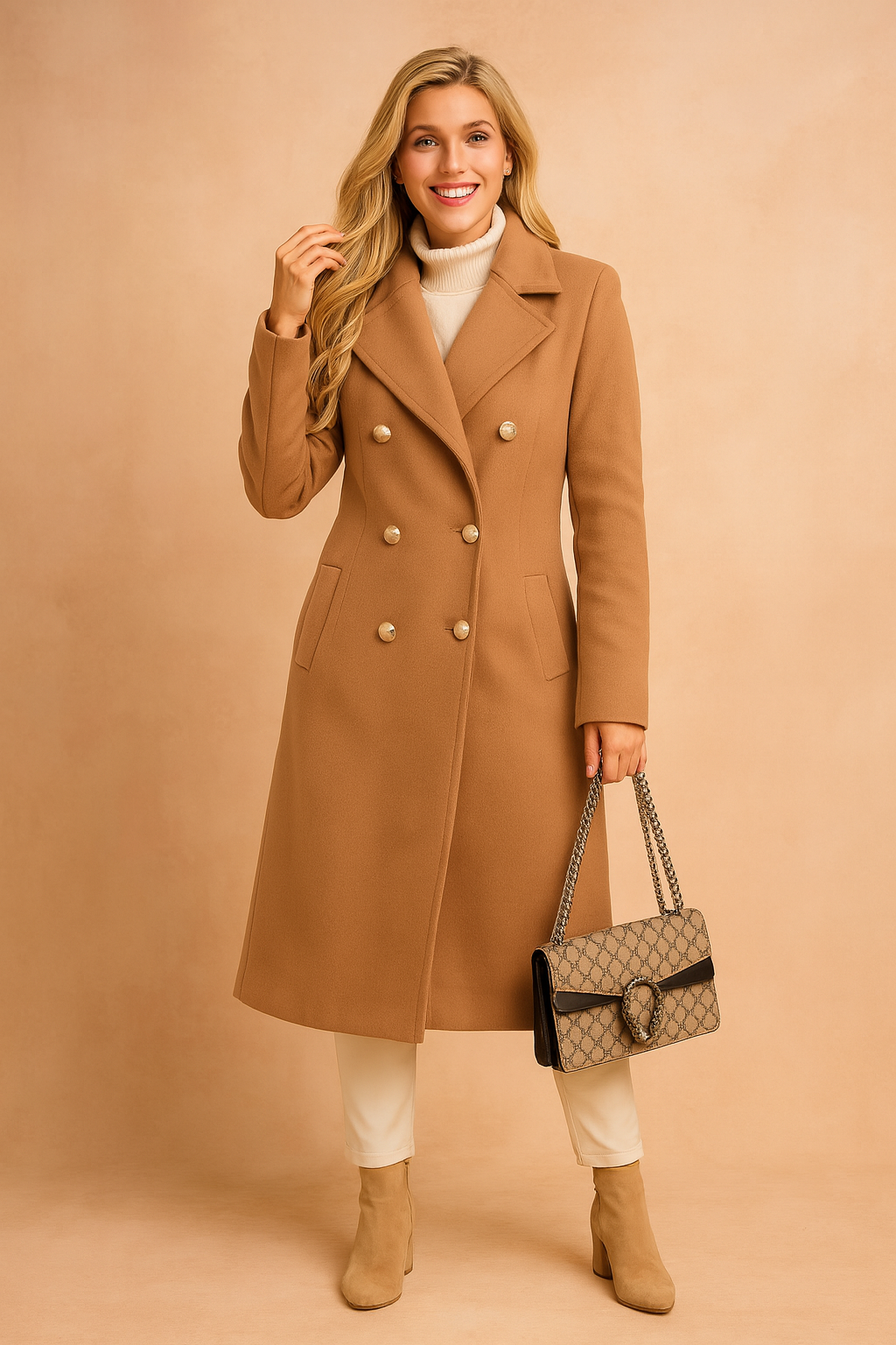 Chic Long Double-Breasted Jacket with Trendy Collar