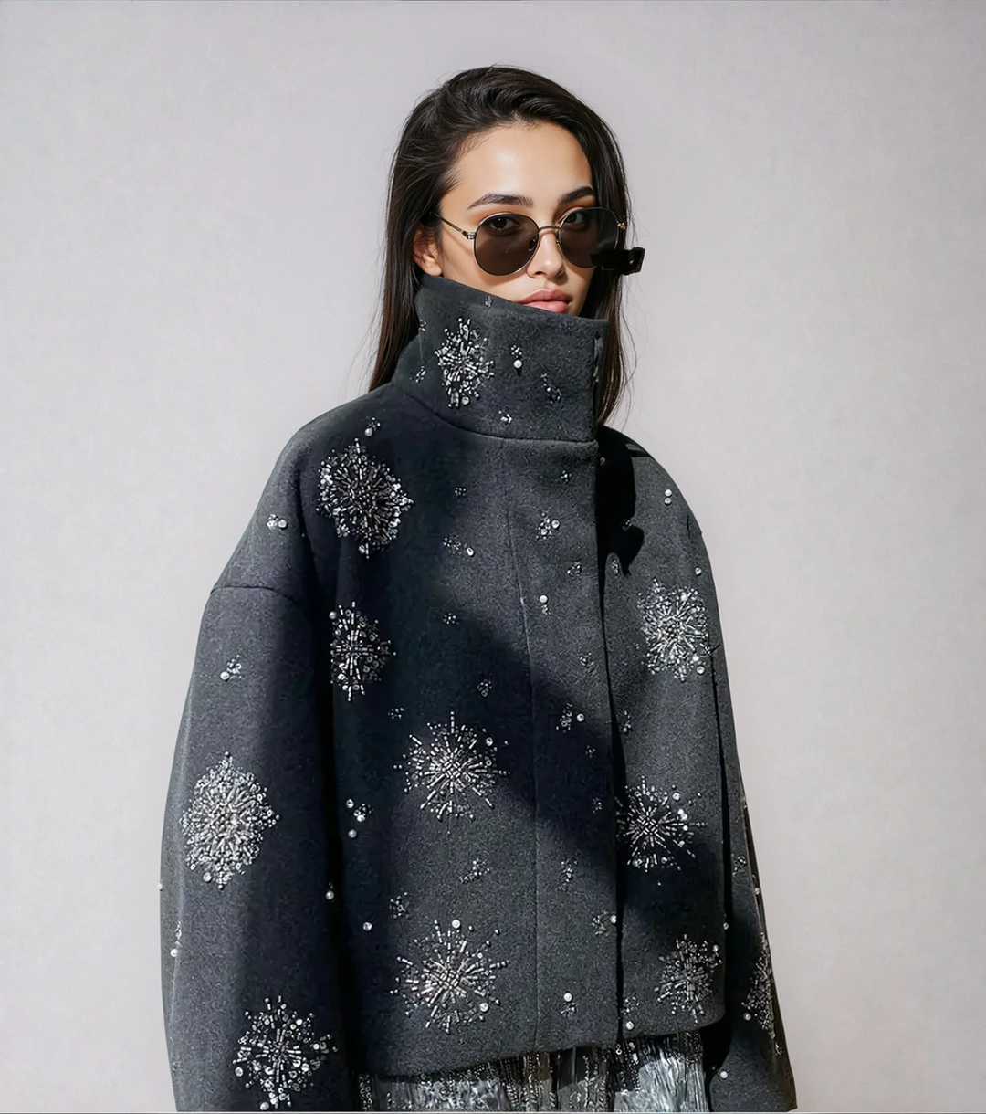 Embroidered Women's Pea Coat with Button Details