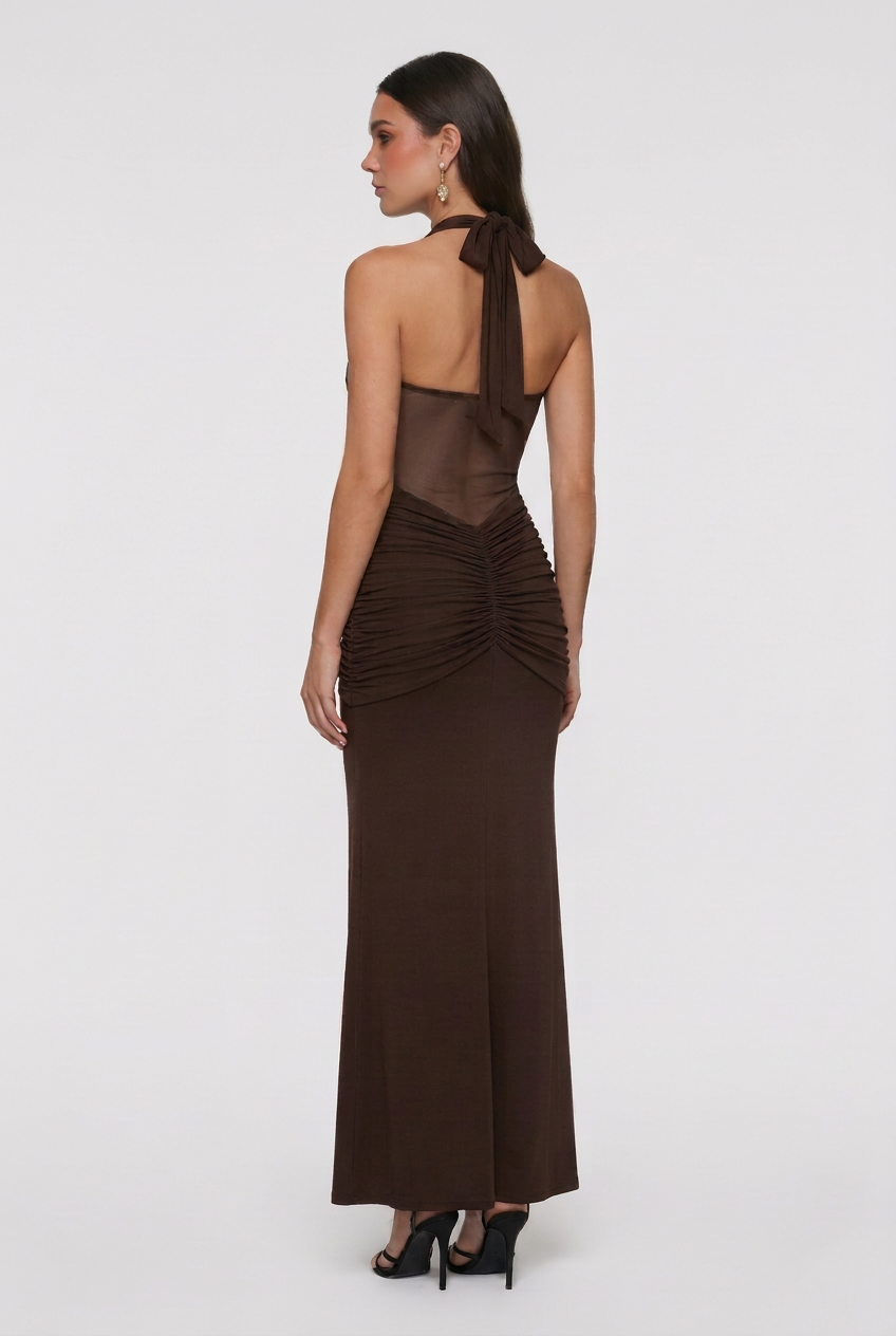 Beáta | Dark Brown Maxi Dress Featuring a Stylish Neckline